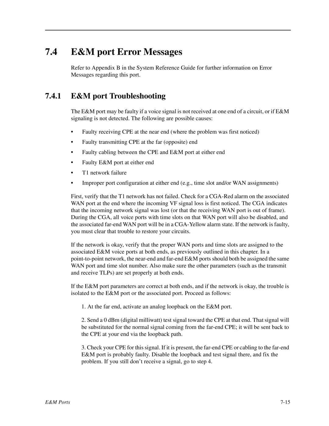 Zhone Technologies IMACS-200 manual E&M port Error Messages, 1 E&M port Troubleshooting 