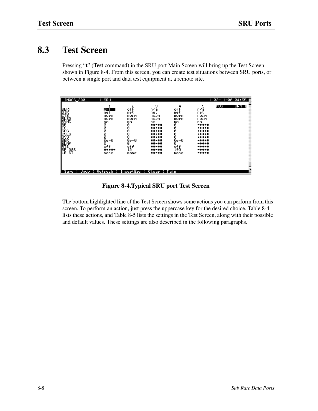 Zhone Technologies IMACS-200 manual Test Screen SRU Ports 