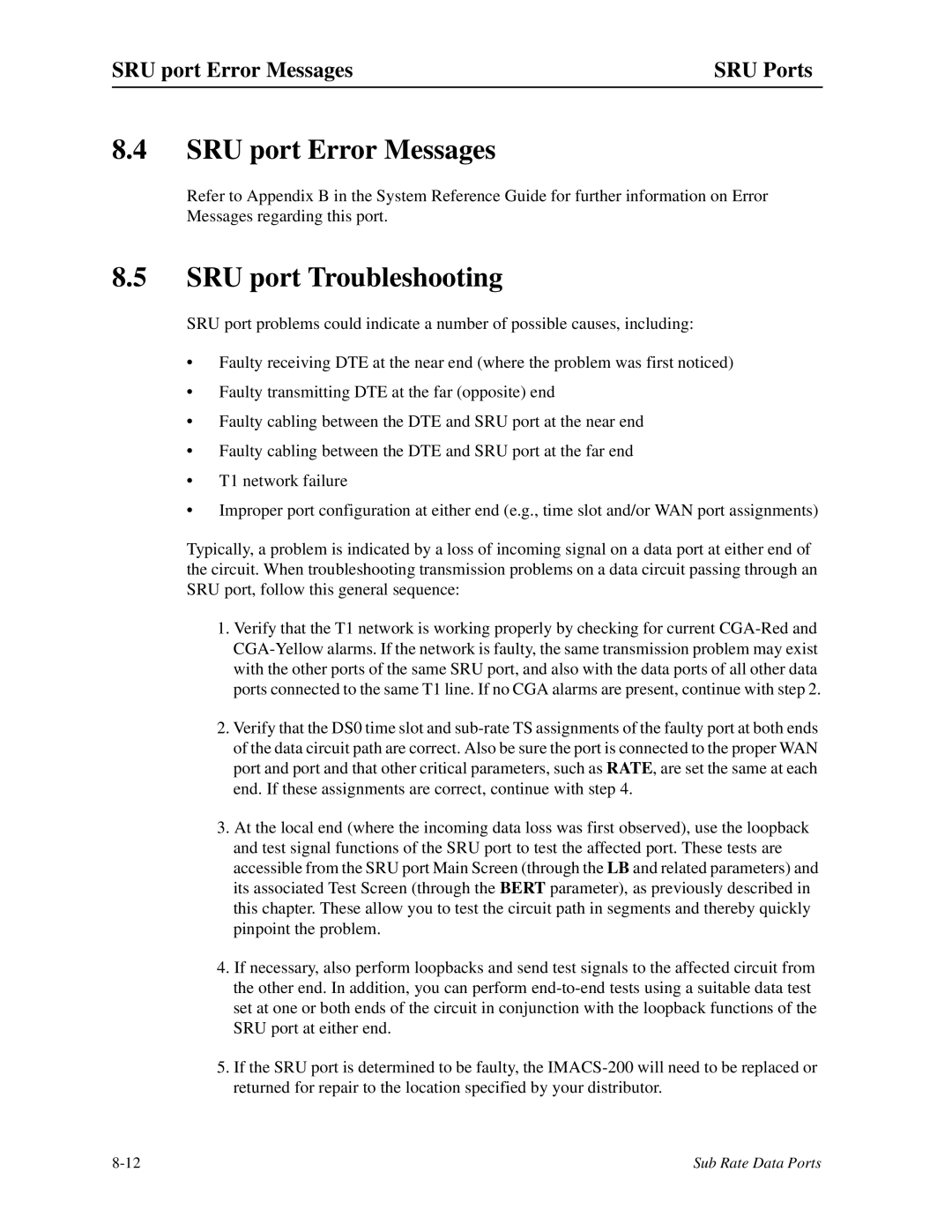 Zhone Technologies IMACS-200 manual SRU port Troubleshooting, SRU port Error Messages SRU Ports 