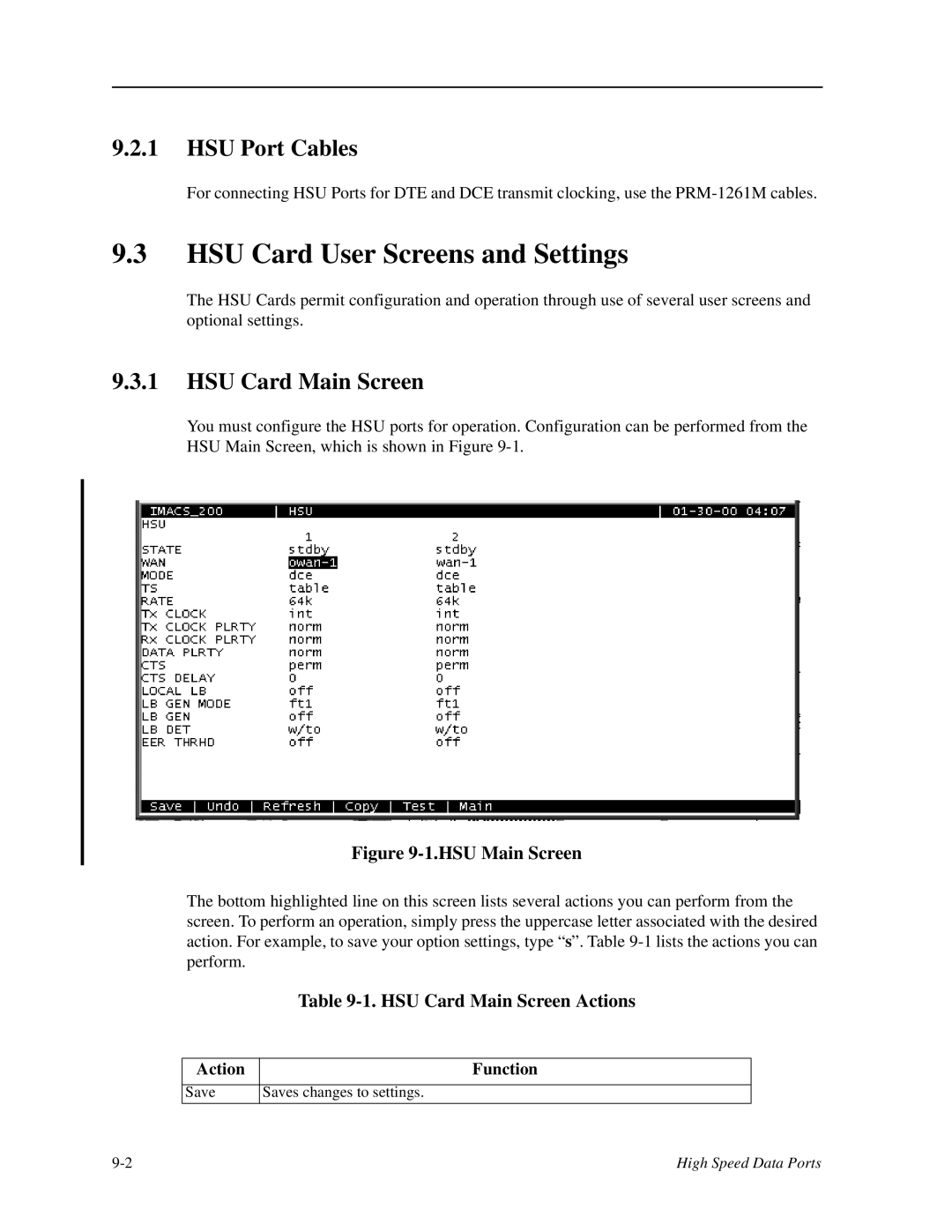 Zhone Technologies IMACS-200 manual HSU Card User Screens and Settings, HSU Port Cables, HSU Card Main Screen 