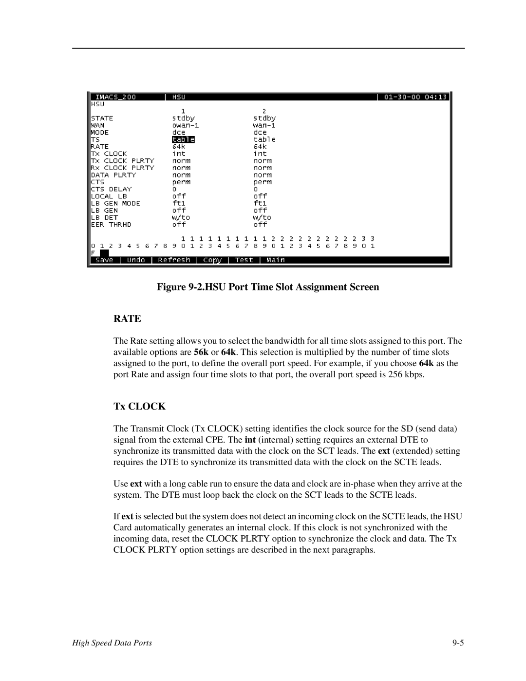 Zhone Technologies IMACS-200 manual HSU Port Time Slot Assignment Screen, Tx Clock 