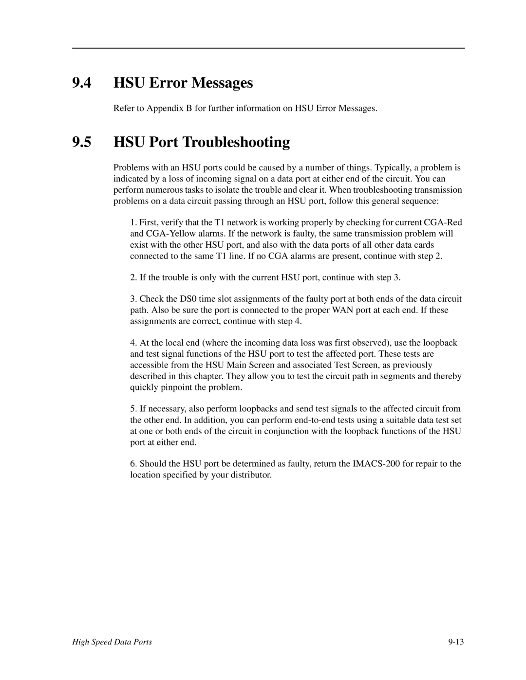 Zhone Technologies IMACS-200 manual HSU Error Messages, HSU Port Troubleshooting 