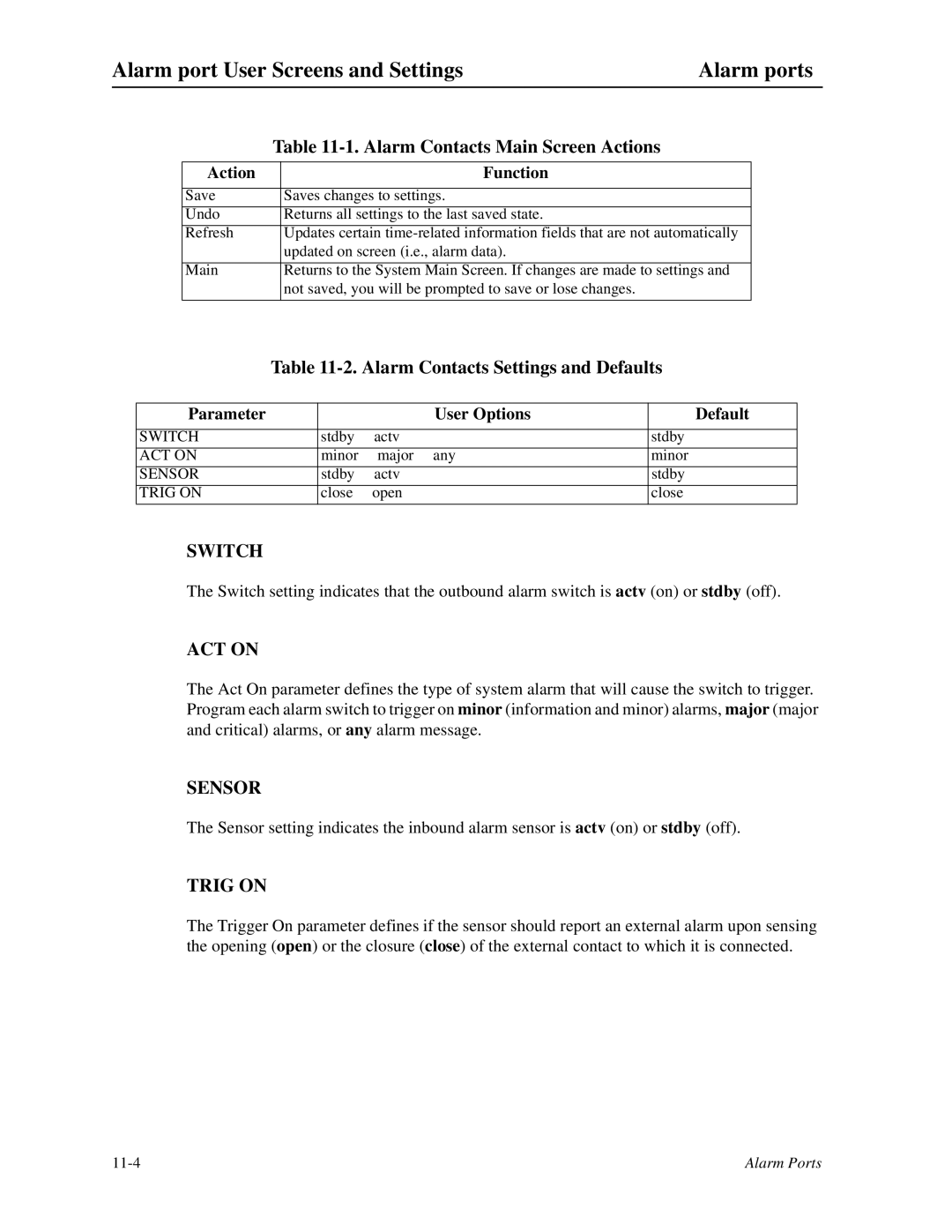 Zhone Technologies IMACS-200 manual Switch, ACT on, Sensor, Trig on 