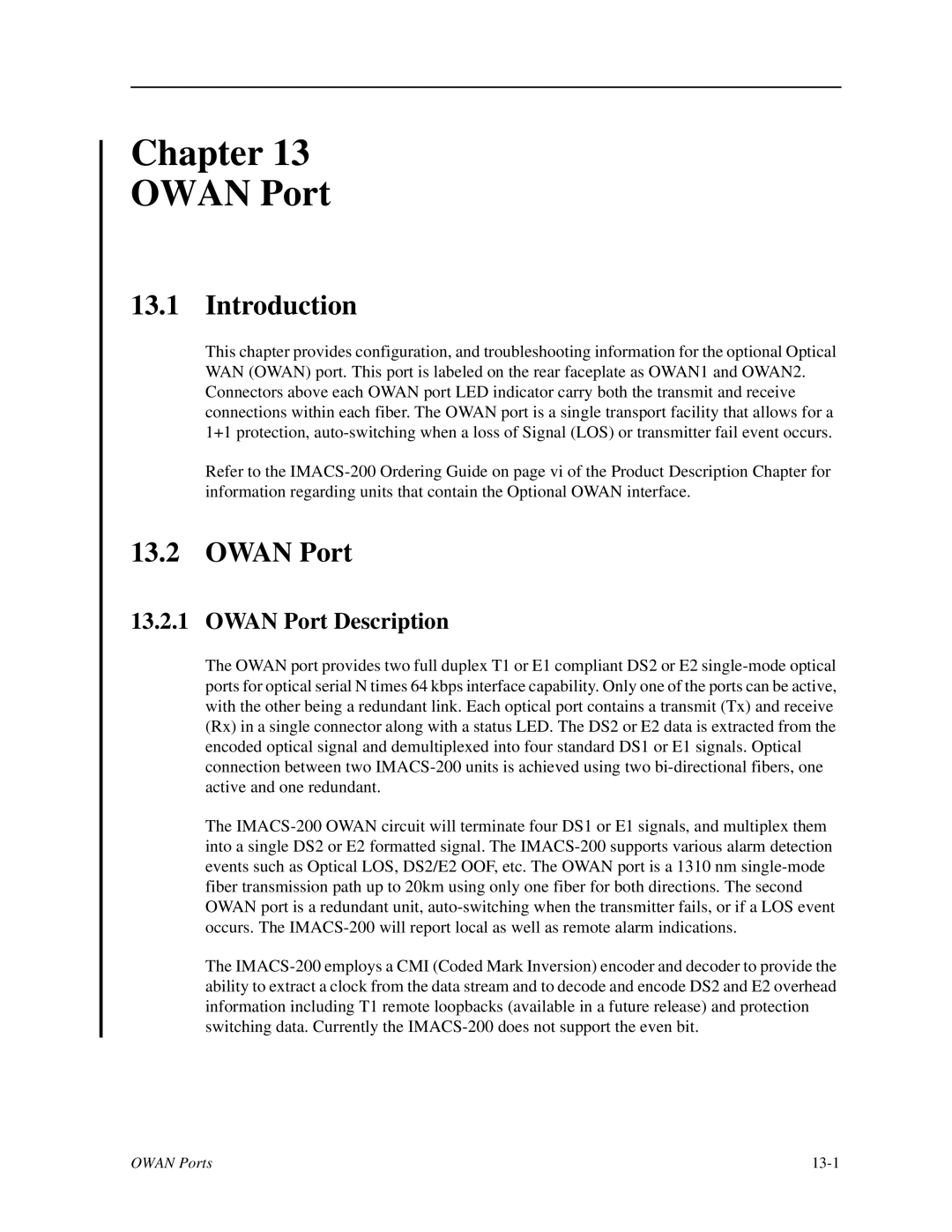 Zhone Technologies IMACS-200 manual Chapter Owan Port, Owan Port Description 