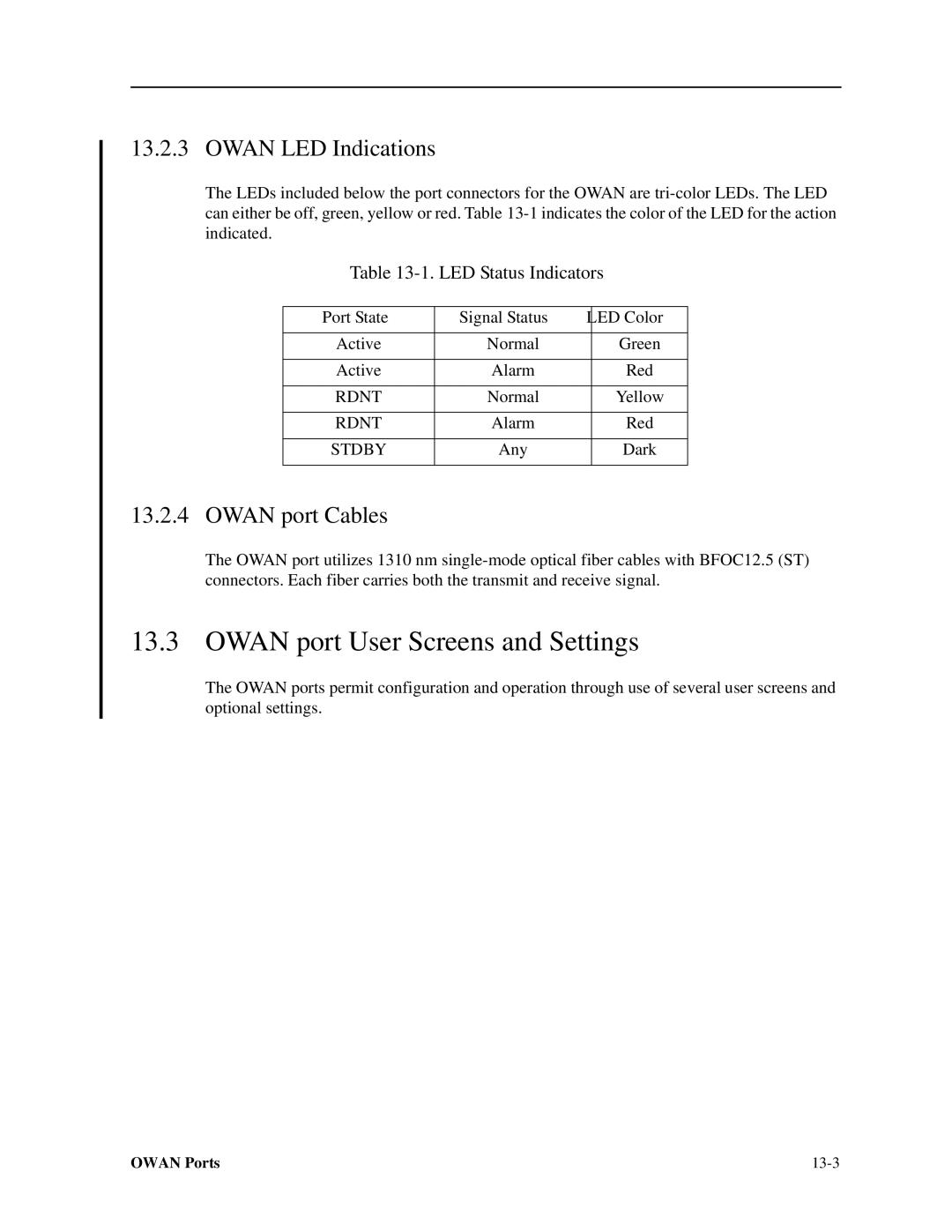 Zhone Technologies IMACS-200 manual Owan port User Screens and Settings, Owan LED Indications, Owan port Cables 