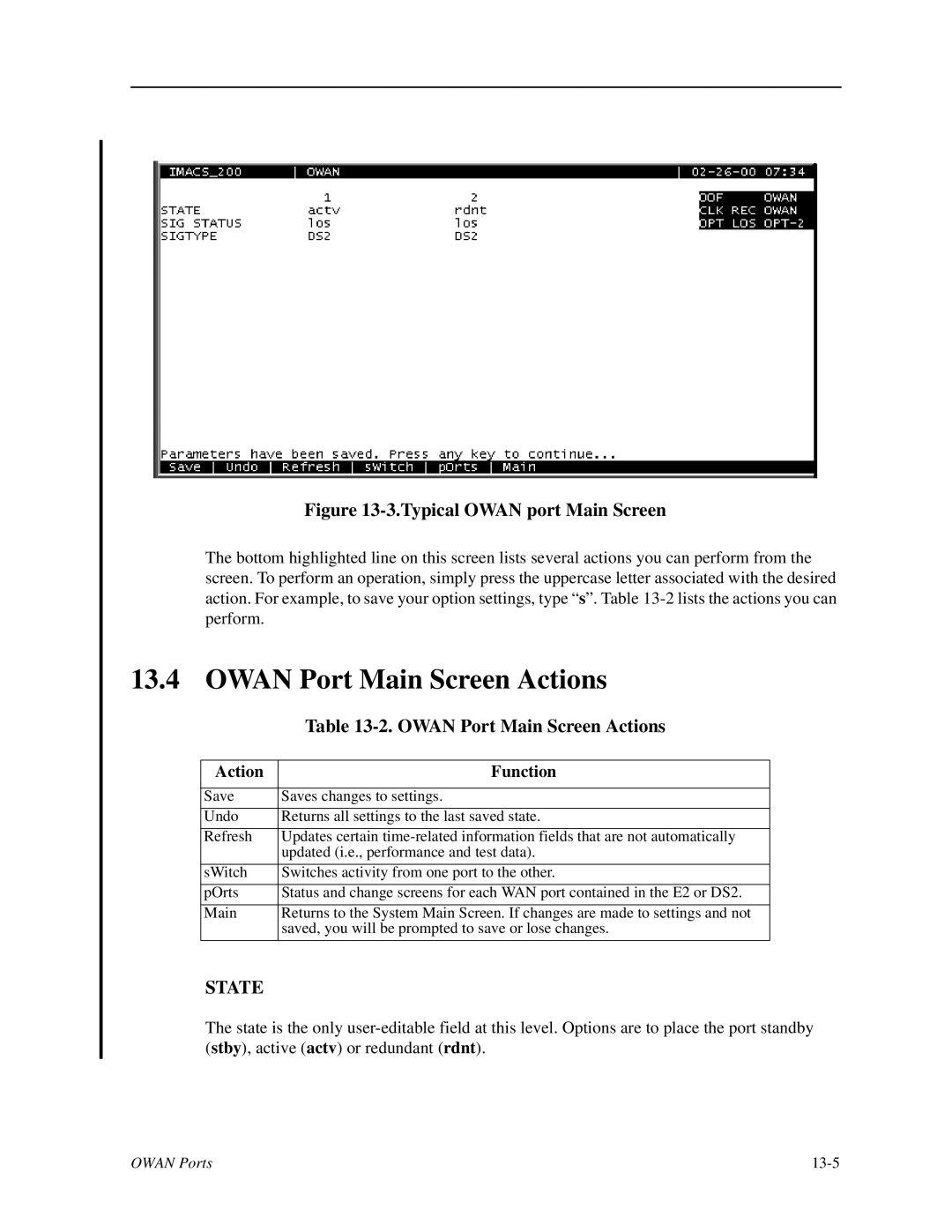 Zhone Technologies IMACS-200 manual Owan Port Main Screen Actions 