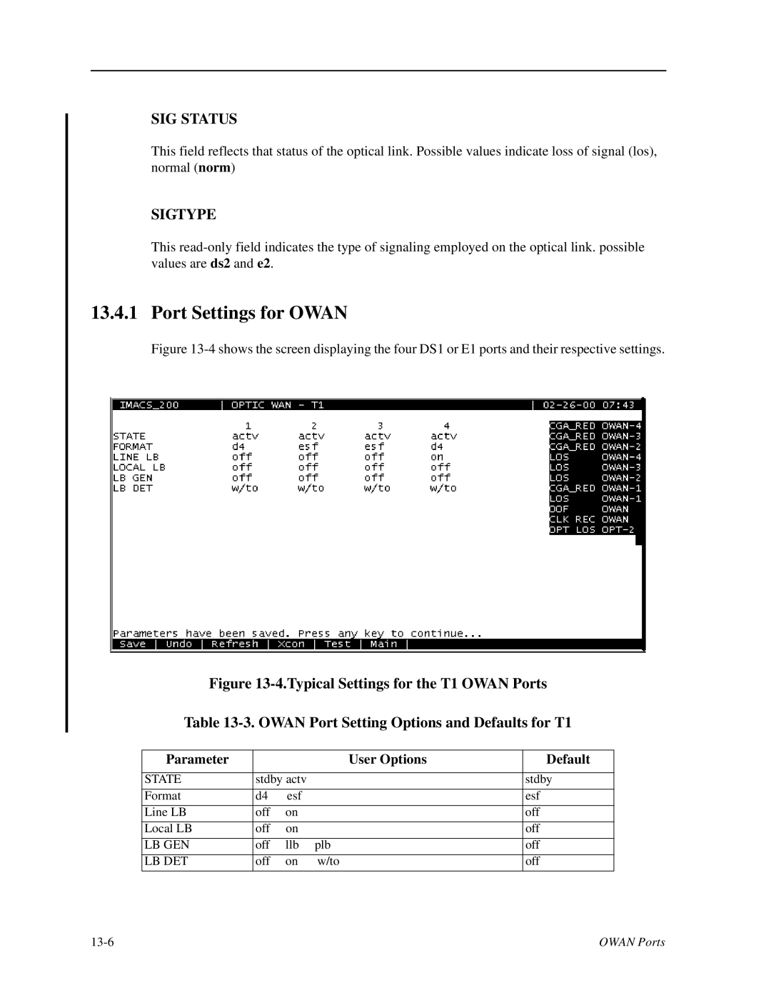 Zhone Technologies IMACS-200 manual Port Settings for Owan, SIG Status, Sigtype 