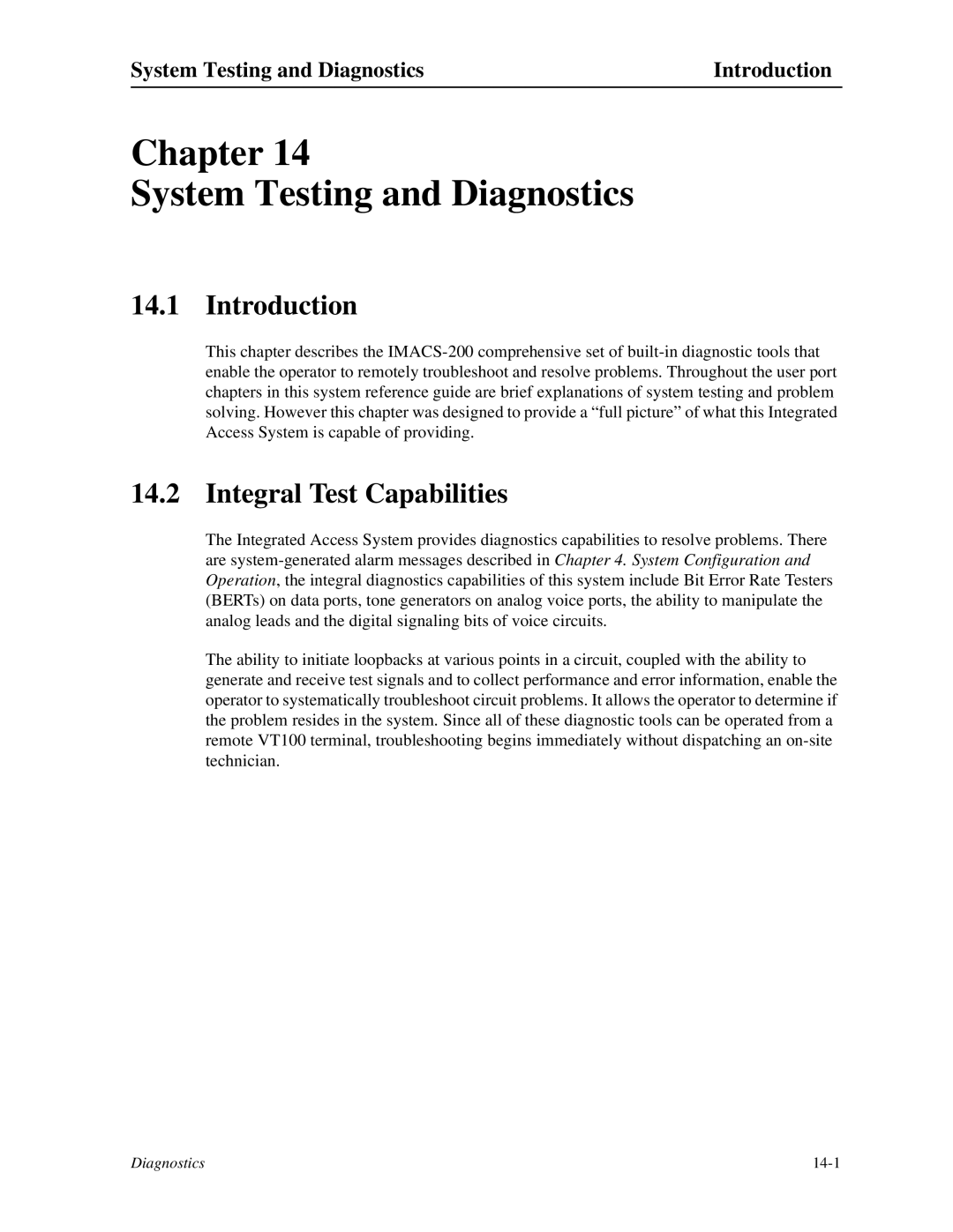 Zhone Technologies IMACS-200 manual Chapter System Testing and Diagnostics, Integral Test Capabilities 