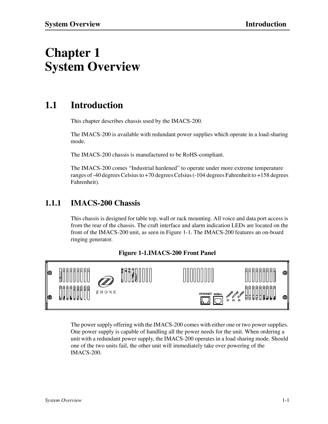 Zhone Technologies manual Chapter System Overview, IMACS-200 Chassis, System Overview Introduction 