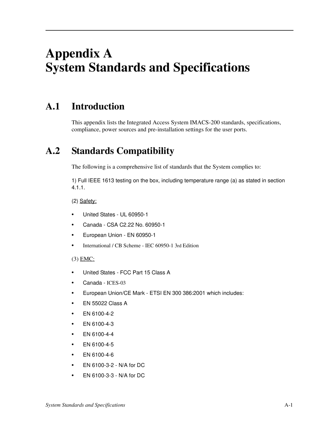 Zhone Technologies IMACS-200 manual Appendix a System Standards and Specifications, Standards Compatibility 