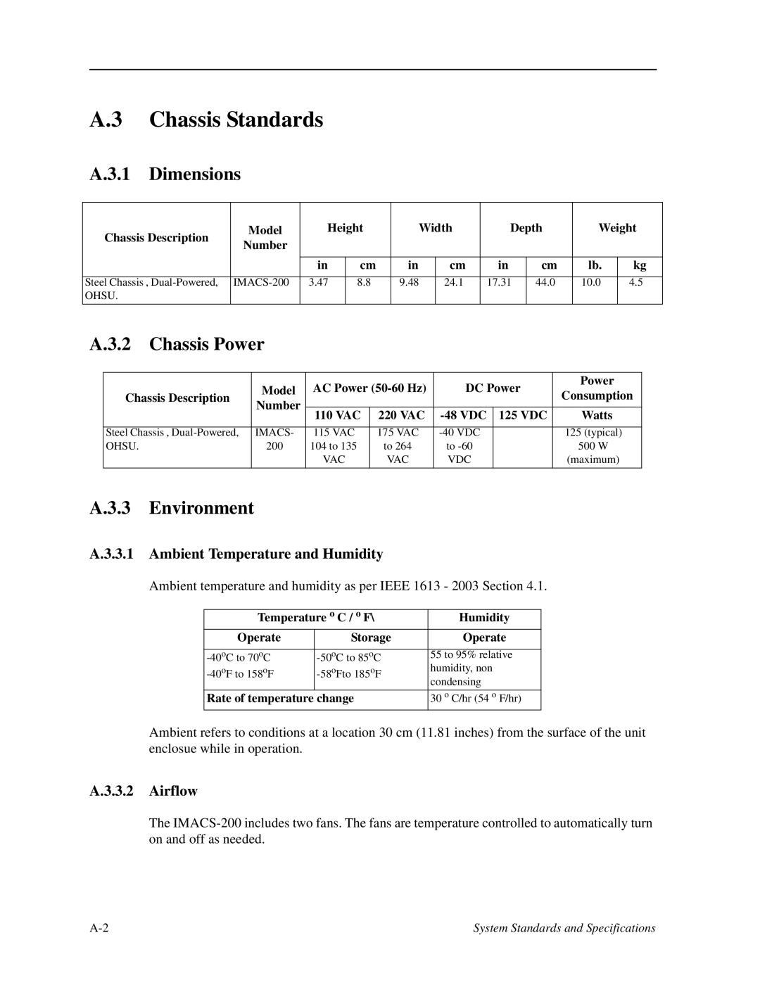 Zhone Technologies IMACS-200 manual Chassis Standards, Dimensions, Chassis Power, Environment 