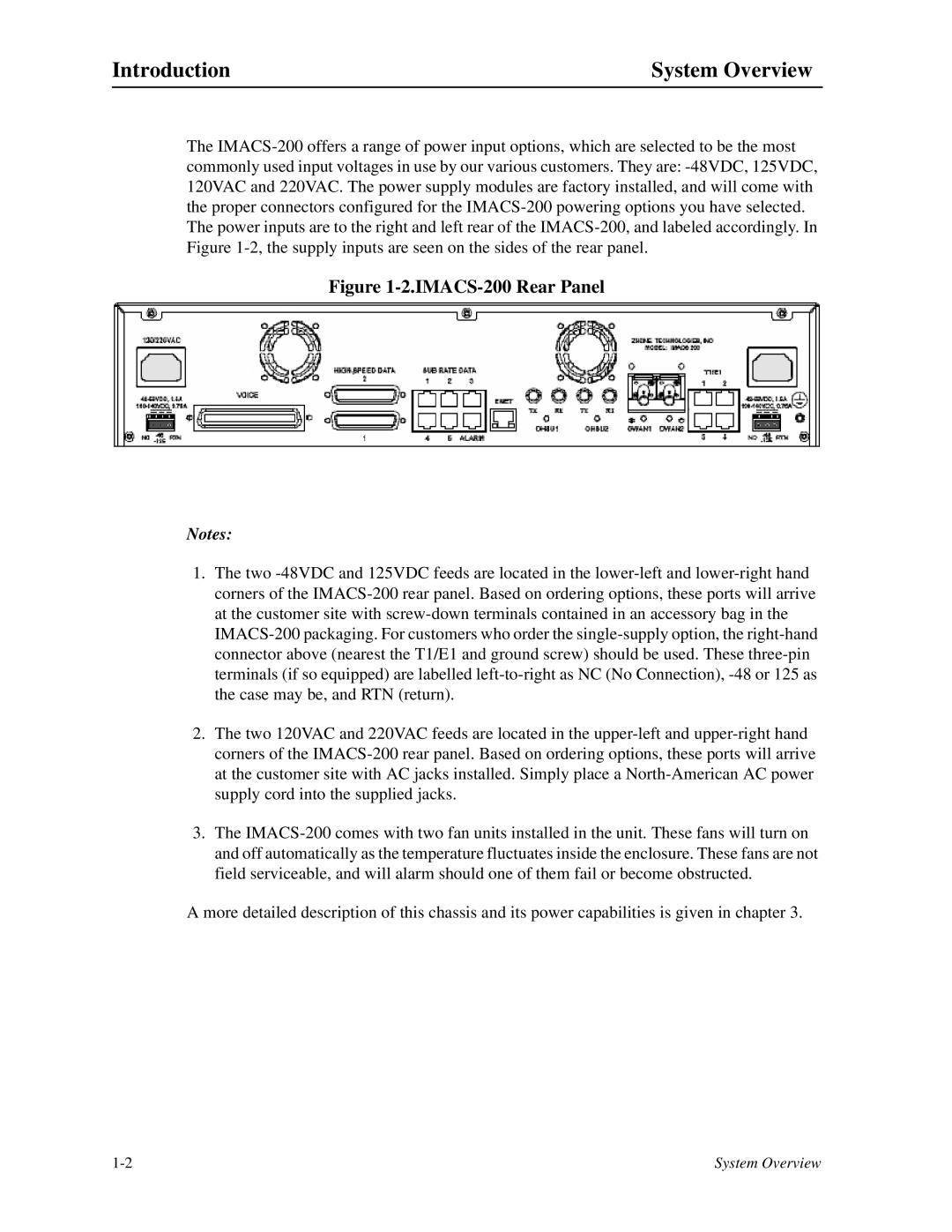 Zhone Technologies manual Introduction System Overview, IMACS-200 Rear Panel 