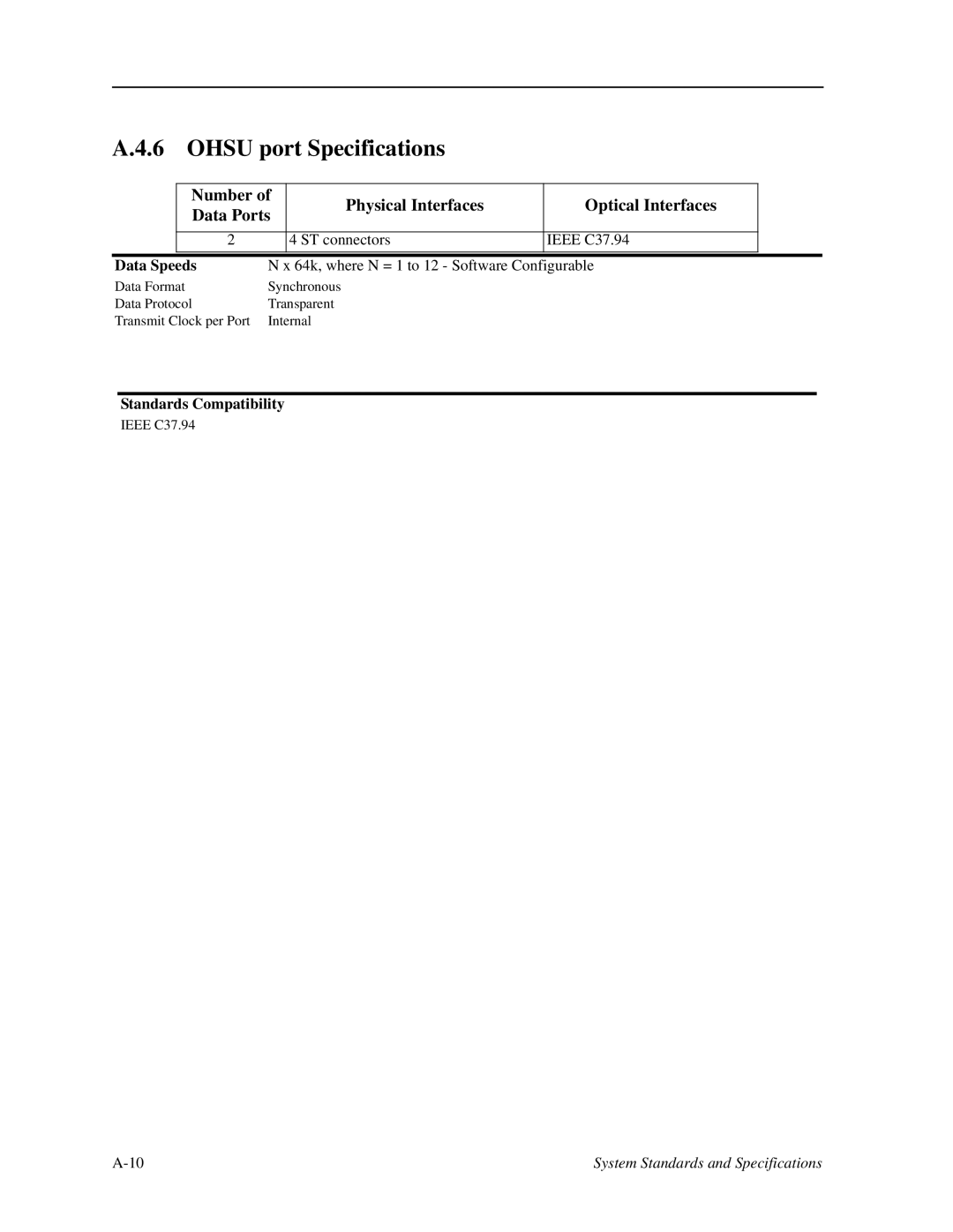 Zhone Technologies IMACS-200 manual Ohsu port Specifications, Number Physical Interfaces Optical Interfaces 