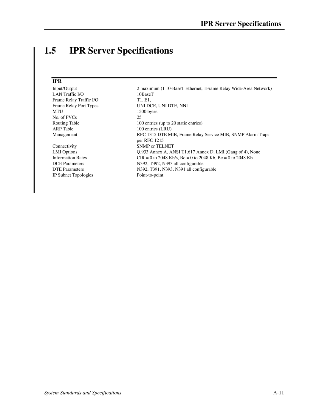 Zhone Technologies IMACS-200 manual IPR Server Specifications 