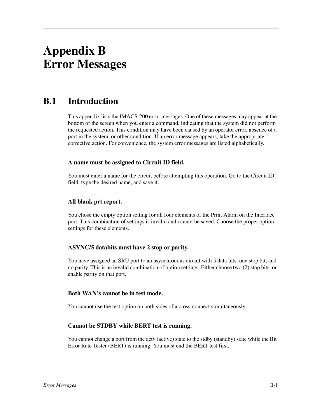 Zhone Technologies IMACS-200 manual Appendix B Error Messages 