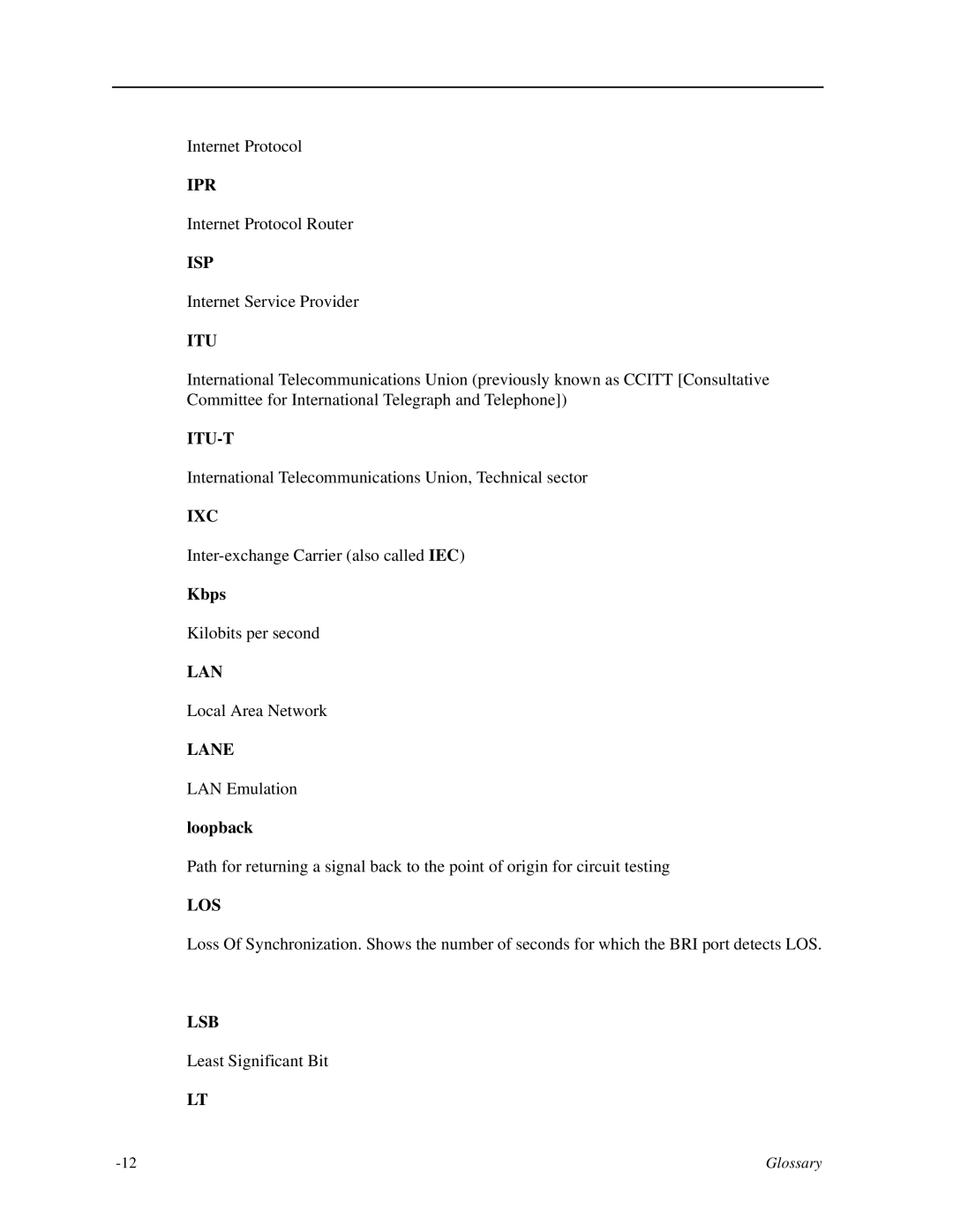 Zhone Technologies IMACS-200 manual Ipr, Isp, Itu-T, Ixc, Lane, Los, Lsb 