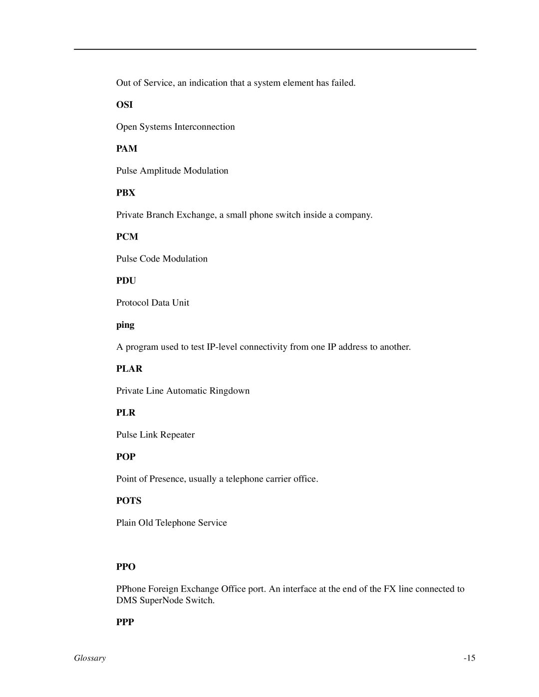 Zhone Technologies IMACS-200 manual Osi, Pam, Pbx, Pcm, Pdu, Plar, Plr, Pop, Pots, Ppo, Ppp 