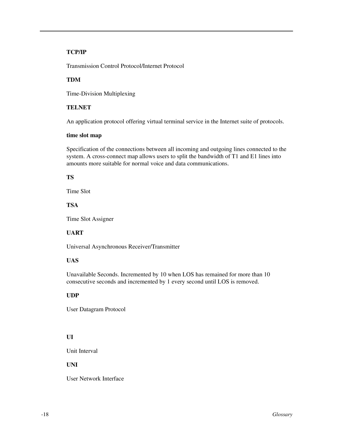 Zhone Technologies IMACS-200 manual Tcp/Ip, Tdm, Telnet, Tsa, Uart, Uas, Udp, Uni 