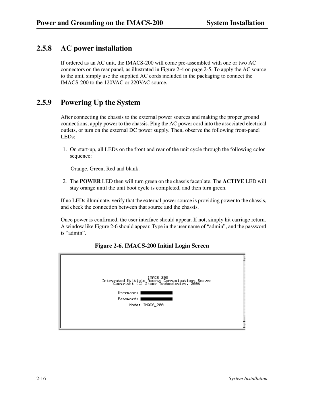 Zhone Technologies IMACS-200 manual AC power installation, Powering Up the System 