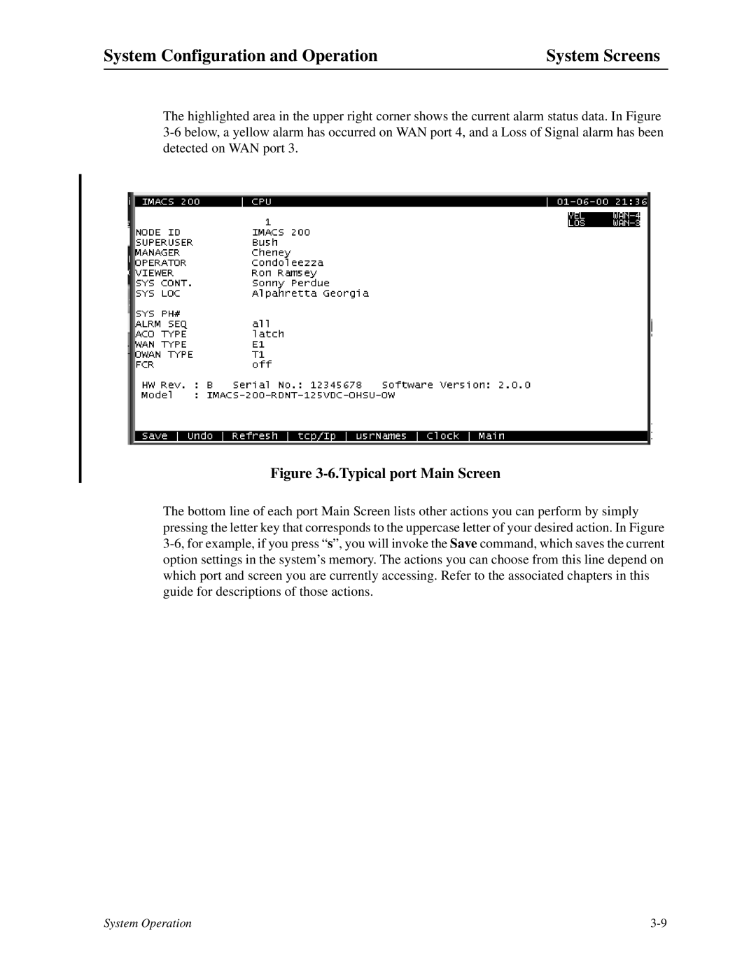 Zhone Technologies IMACS-200 manual Typical port Main Screen 