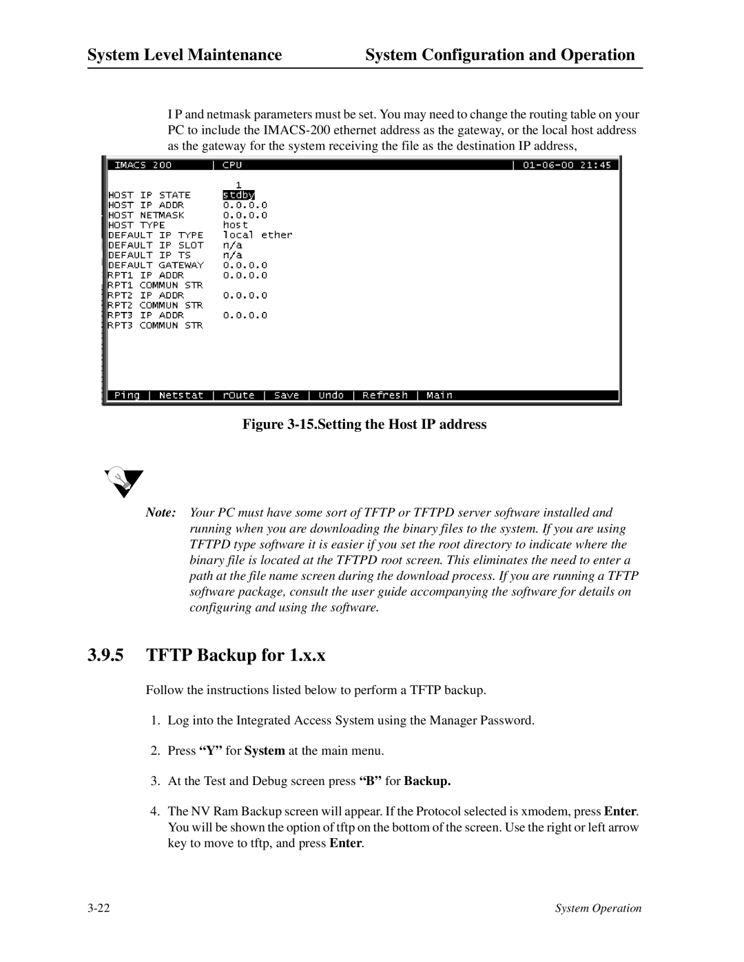 Zhone Technologies IMACS-200 manual Tftp Backup for, Setting the Host IP address 