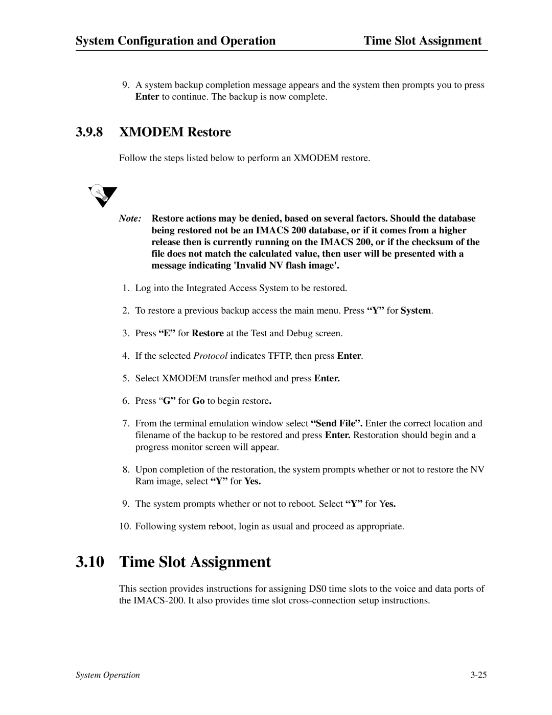 Zhone Technologies IMACS-200 manual Xmodem Restore, System Configuration and Operation Time Slot Assignment 