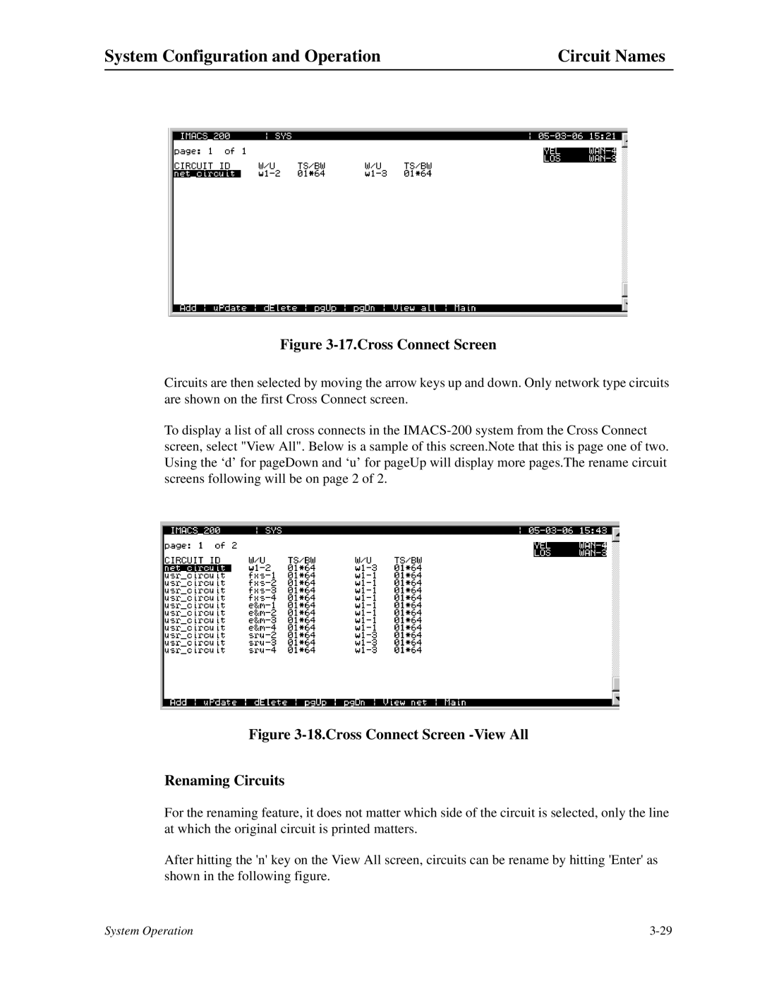 Zhone Technologies IMACS-200 manual System Configuration and Operation Circuit Names, Cross Connect Screen 