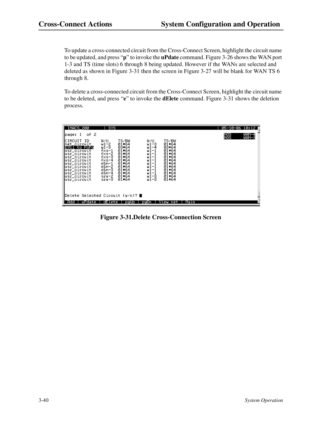 Zhone Technologies IMACS-200 Cross-Connect Actions System Configuration and Operation, Delete Cross-Connection Screen 