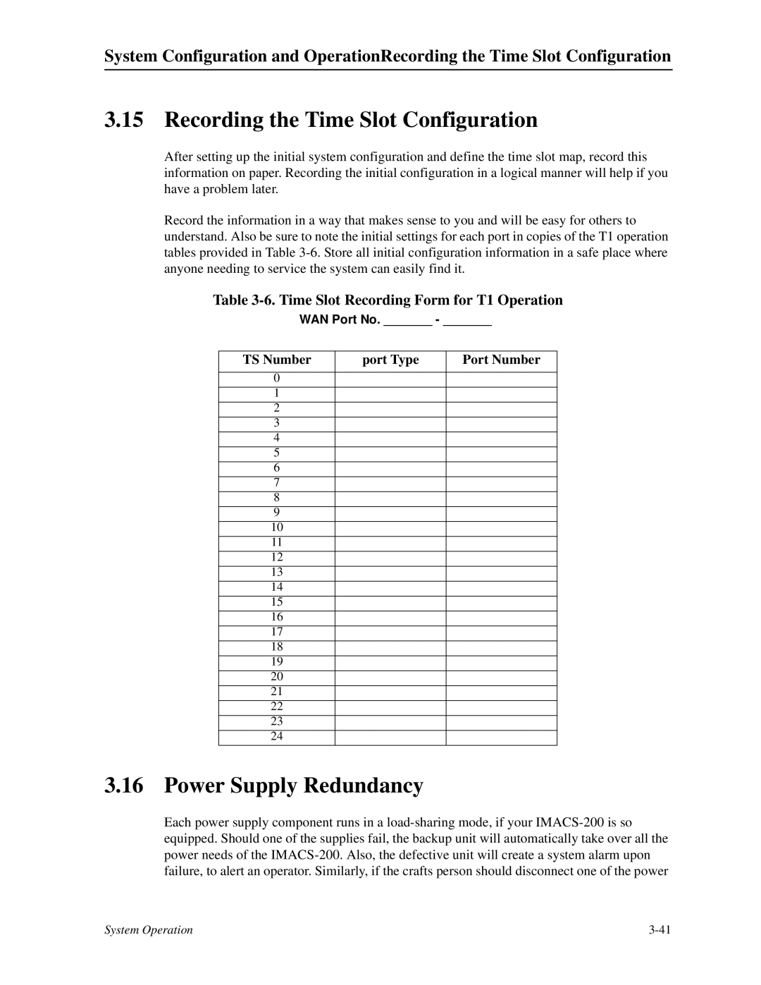 Zhone Technologies IMACS-200 manual Recording the Time Slot Configuration, Power Supply Redundancy 