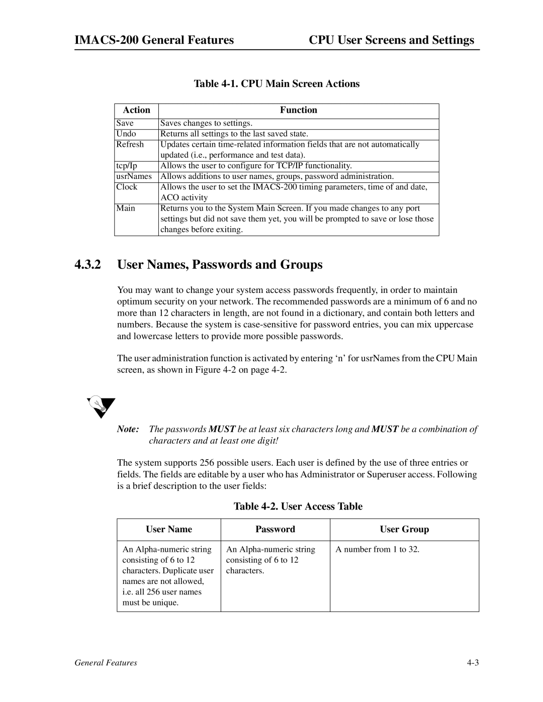 Zhone Technologies manual User Names, Passwords and Groups, IMACS-200 General Features CPU User Screens and Settings 