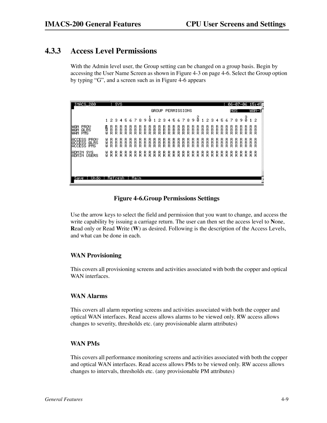 Zhone Technologies IMACS-200 manual Access Level Permissions, WAN Provisioning, WAN Alarms, WAN PMs 