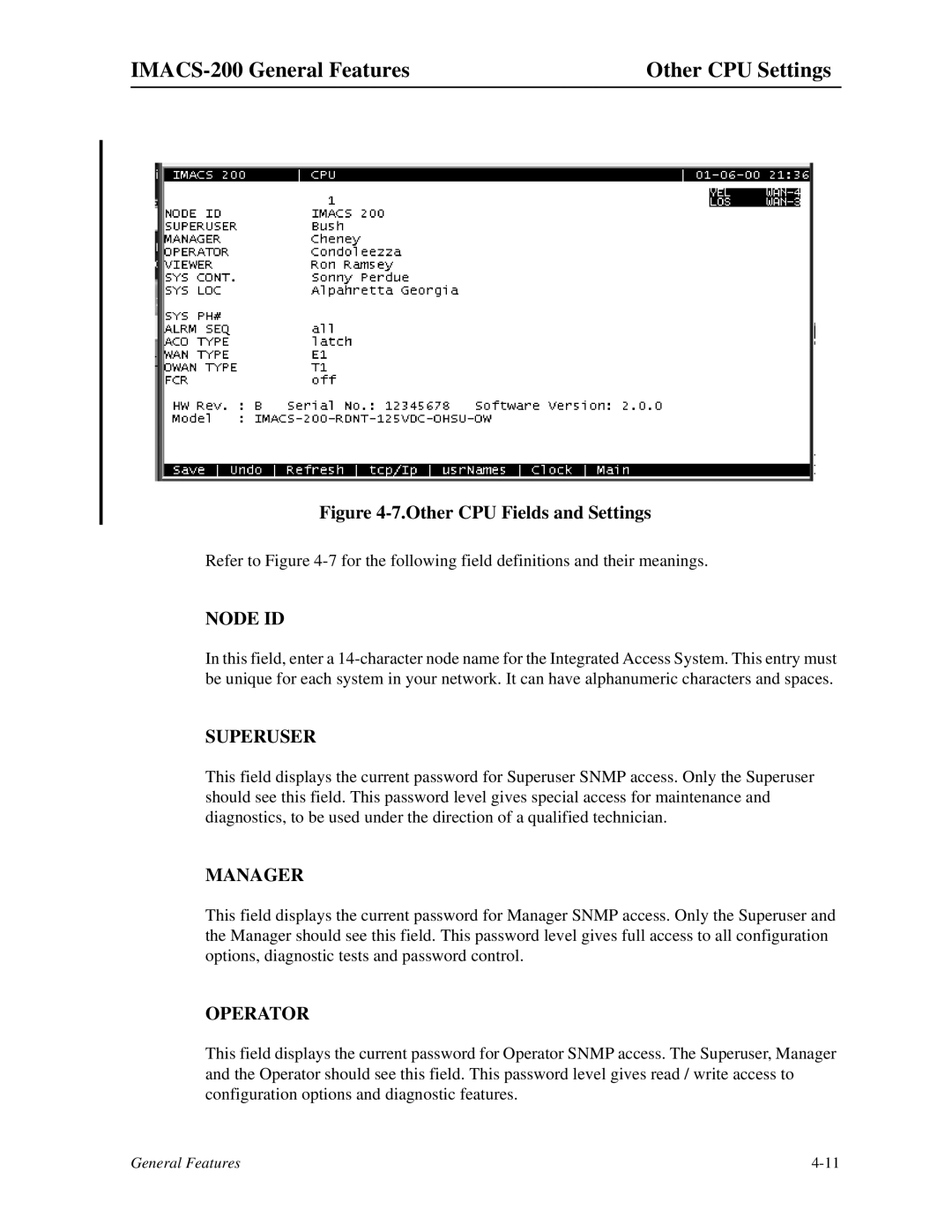 Zhone Technologies manual IMACS-200 General Features Other CPU Settings, Node ID, Superuser, Manager, Operator 