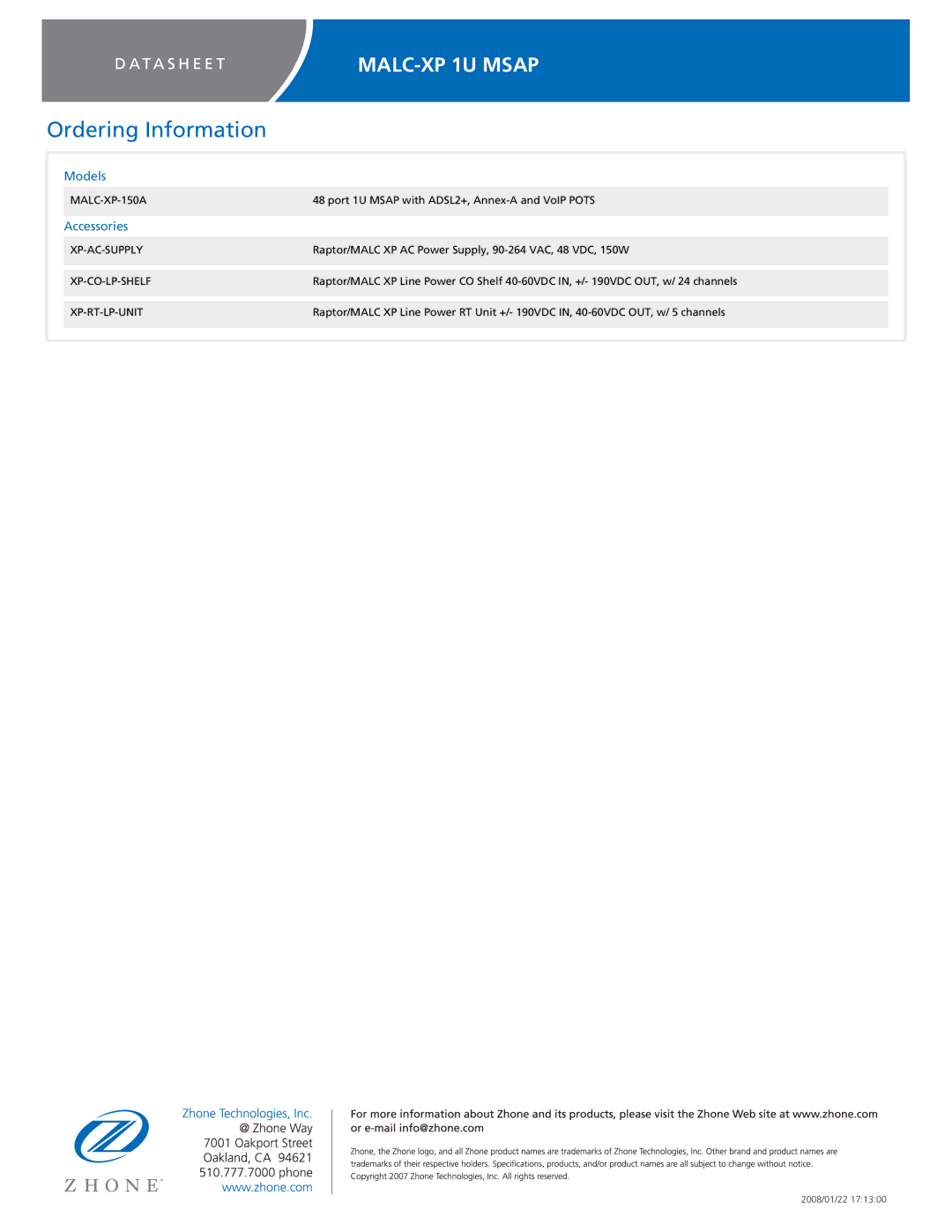 Zhone Technologies MALC-XP manual Models, Accessories 