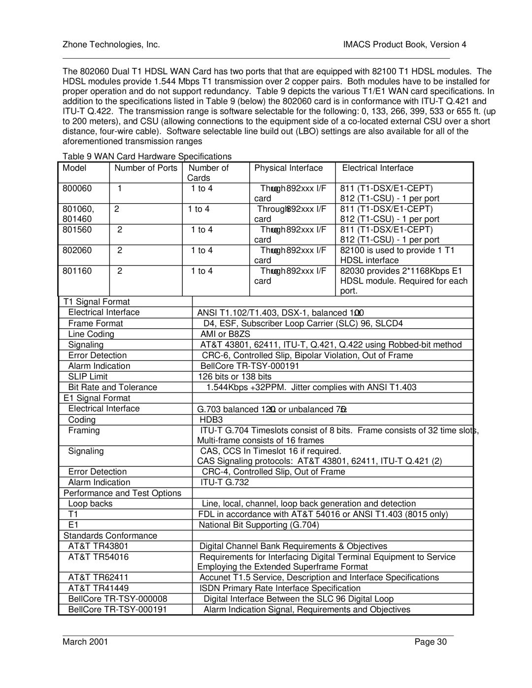 Zhone Technologies Network Device manual T1 Signal Format, E1 Signal Format, HDB3, Performance and Test Options 