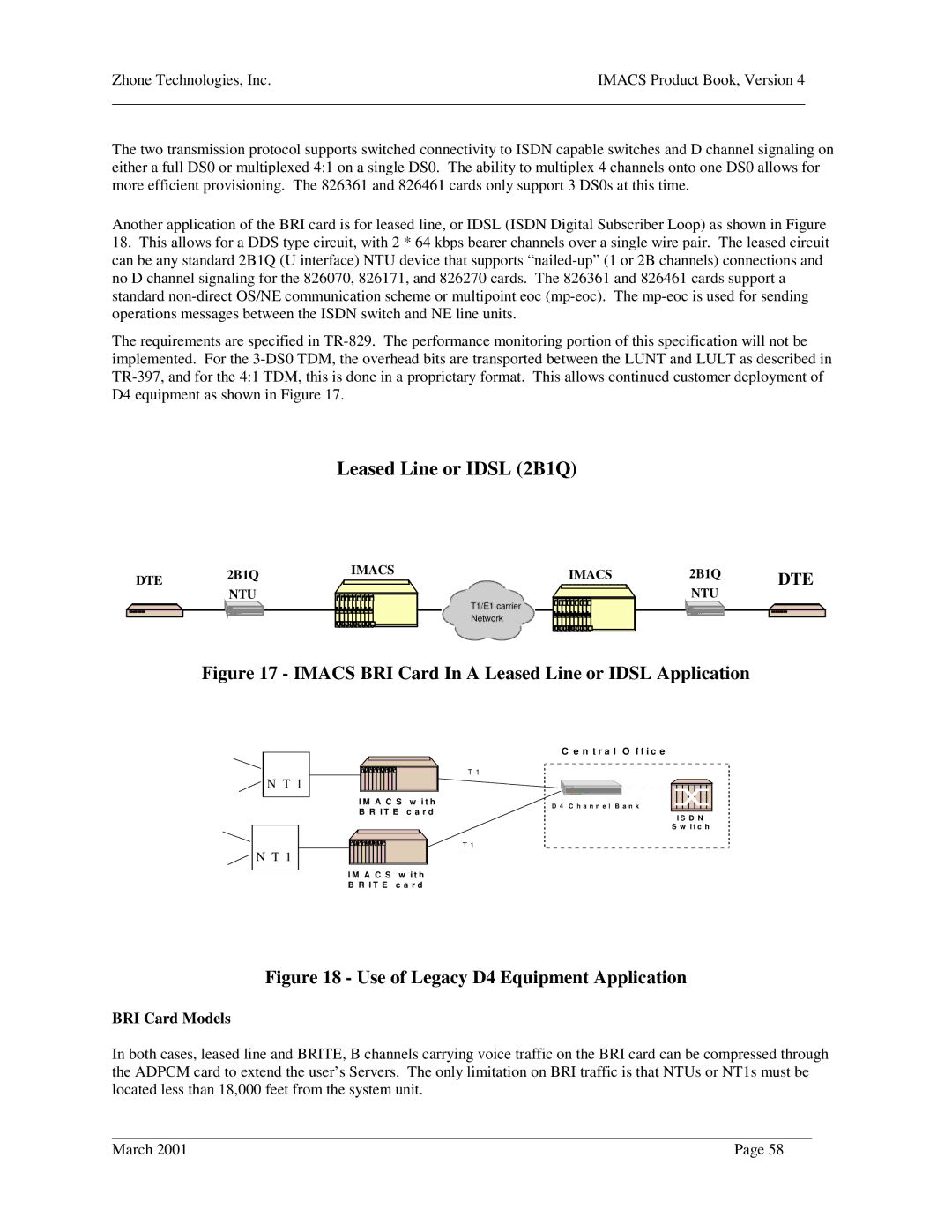 Zhone Technologies Network Device manual Imacs BRI Card In a Leased Line or Idsl Application, BRI Card Models 