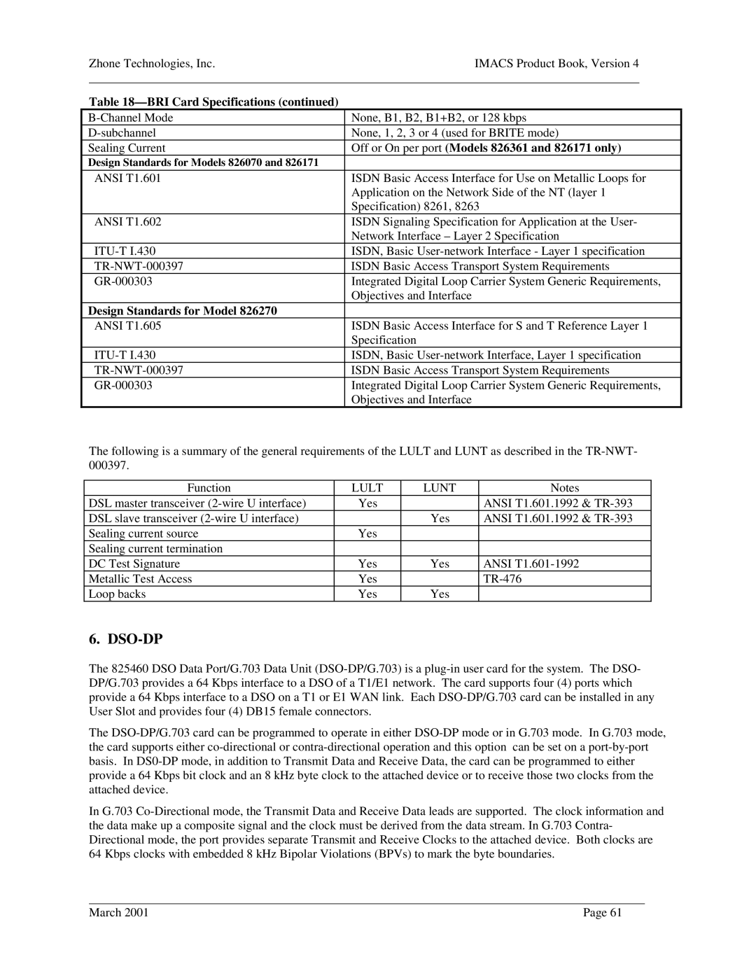 Zhone Technologies Network Device BRI Card Specifications, Off or On per port Models 826361 and 826171 only, Lult Lunt 