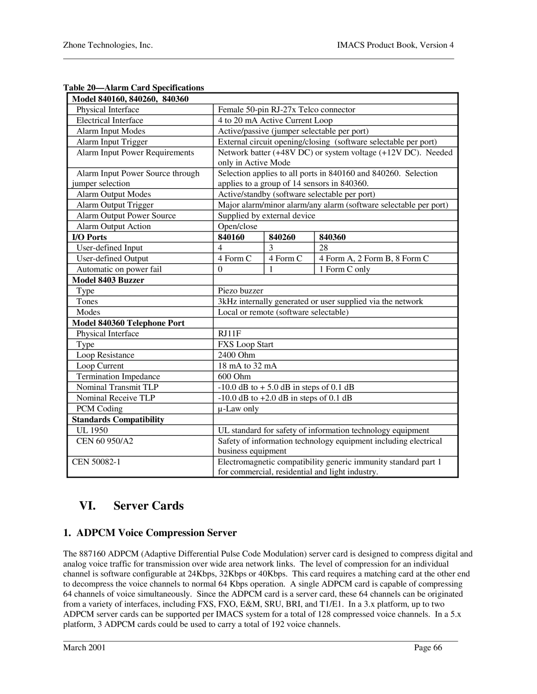 Zhone Technologies Network Device manual Adpcm Voice Compression Server, Alarm Card Specifications Model 840160, 840260 