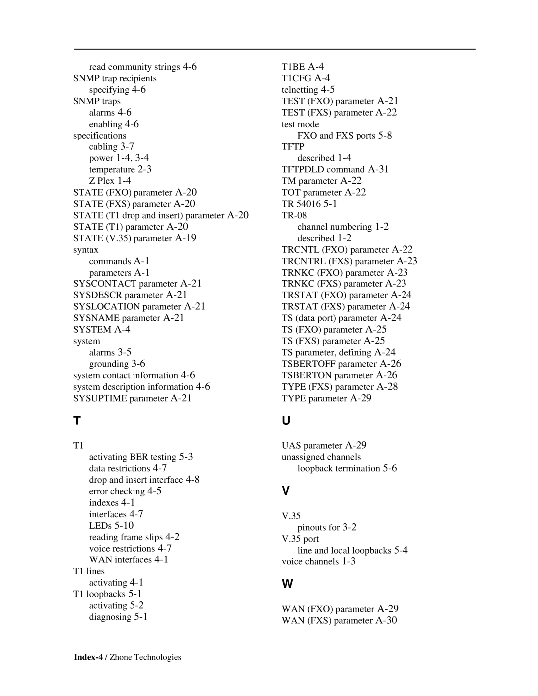 Zhone Technologies Z-PLEX-10-24-DOC-SC manual Index-4 / Zhone Technologies 