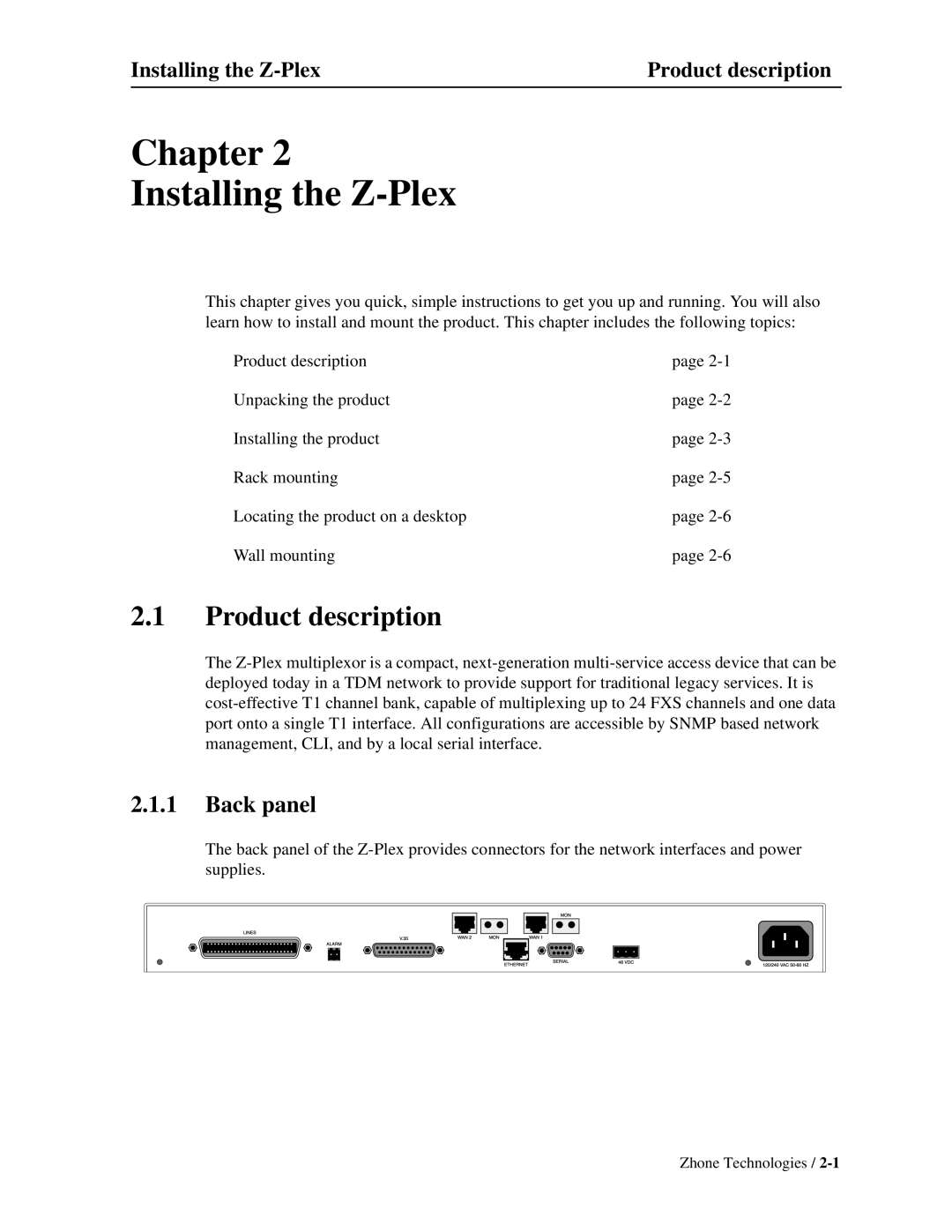 Zhone Technologies Z-PLEX-10-24-DOC-SC manual Back panel, Installing the Z-Plex Product description 