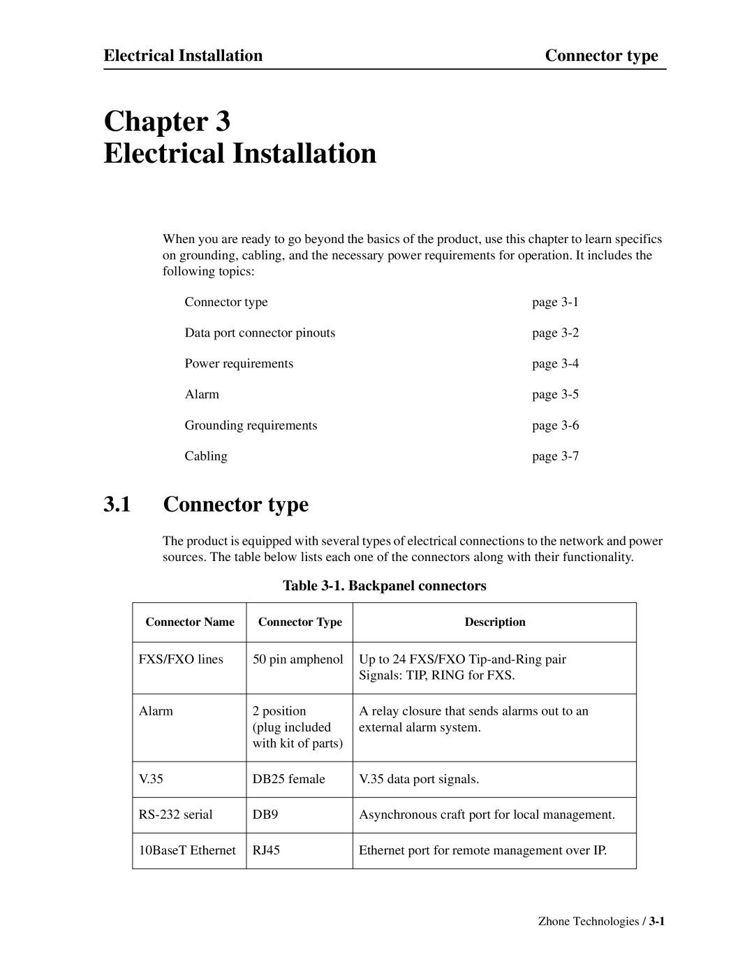 Zhone Technologies Z-PLEX-10-24-DOC-SC manual Electrical Installation Connector type, Backpanel connectors 