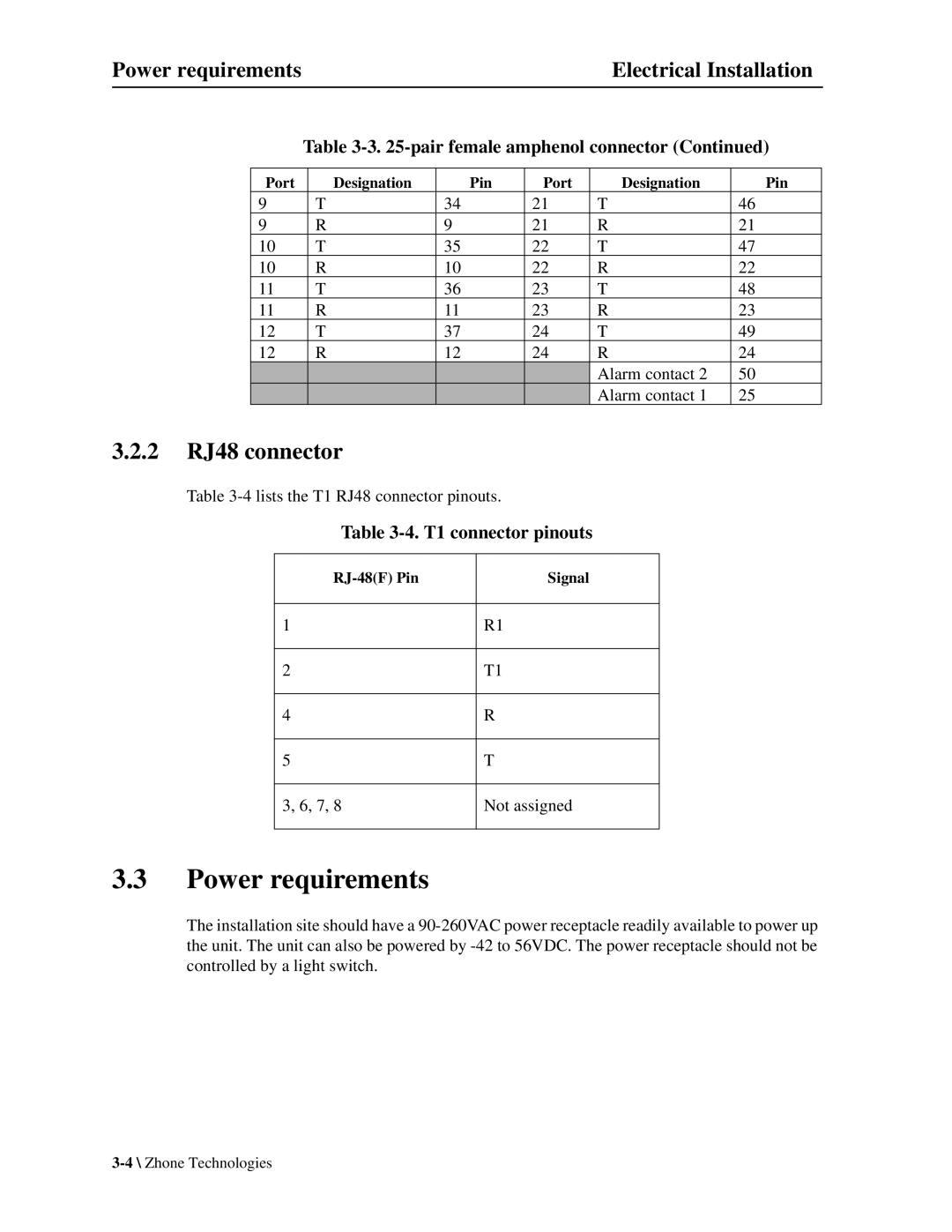 Zhone Technologies Z-PLEX-10-24-DOC-SC manual 2 RJ48 connector, Power requirements Electrical Installation 