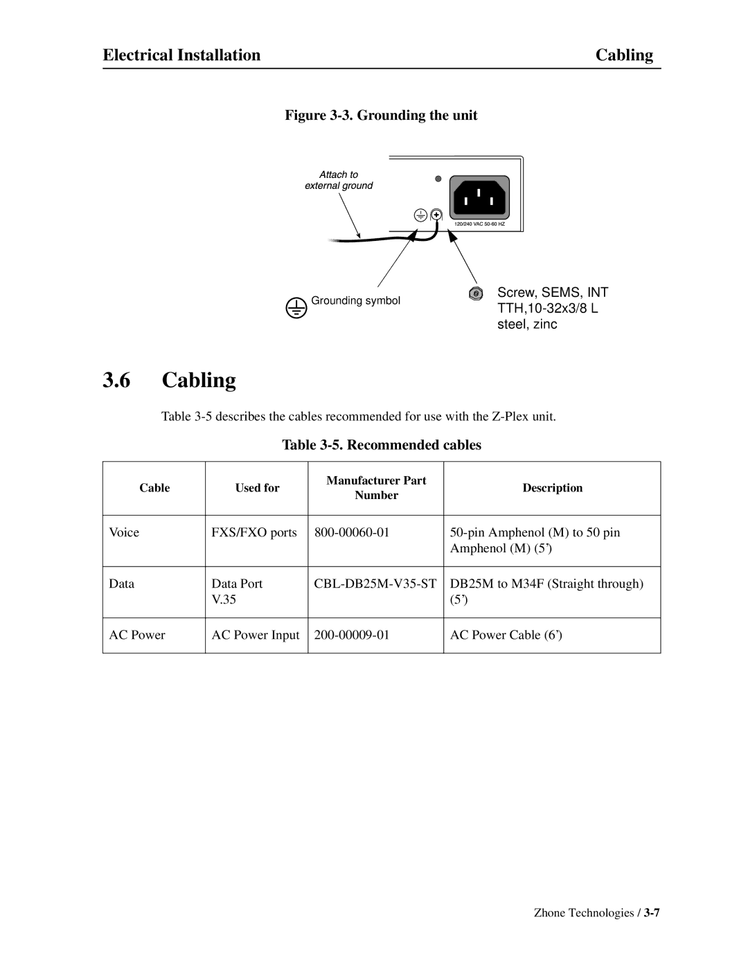 Zhone Technologies Z-PLEX-10-24-DOC-SC manual Electrical Installation Cabling, Recommended cables 