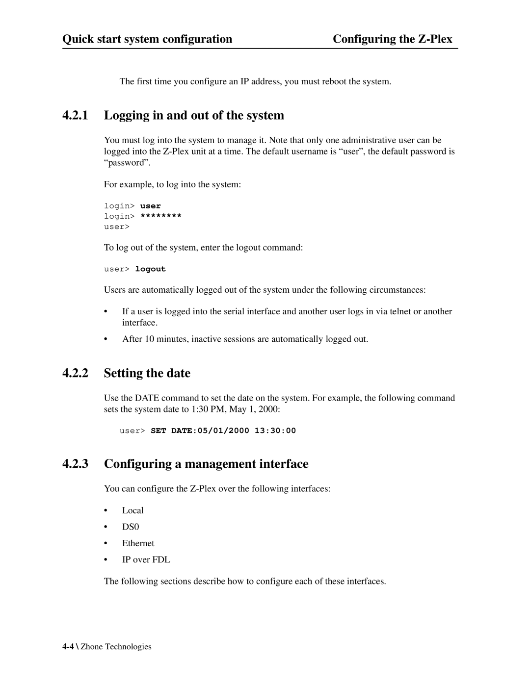 Zhone Technologies Z-PLEX-10-24-DOC-SC manual Logging in and out of the system, Setting the date 