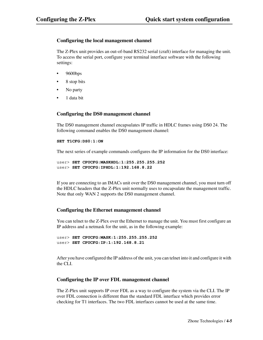 Zhone Technologies Z-PLEX-10-24-DOC-SC Configuring the local management channel, Configuring the DS0 management channel 