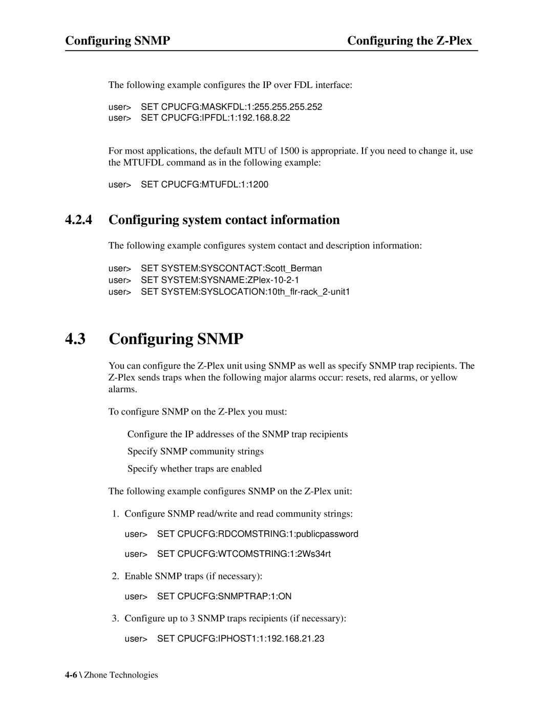 Zhone Technologies Z-PLEX-10-24-DOC-SC manual Configuring Snmp, Configuring system contact information 