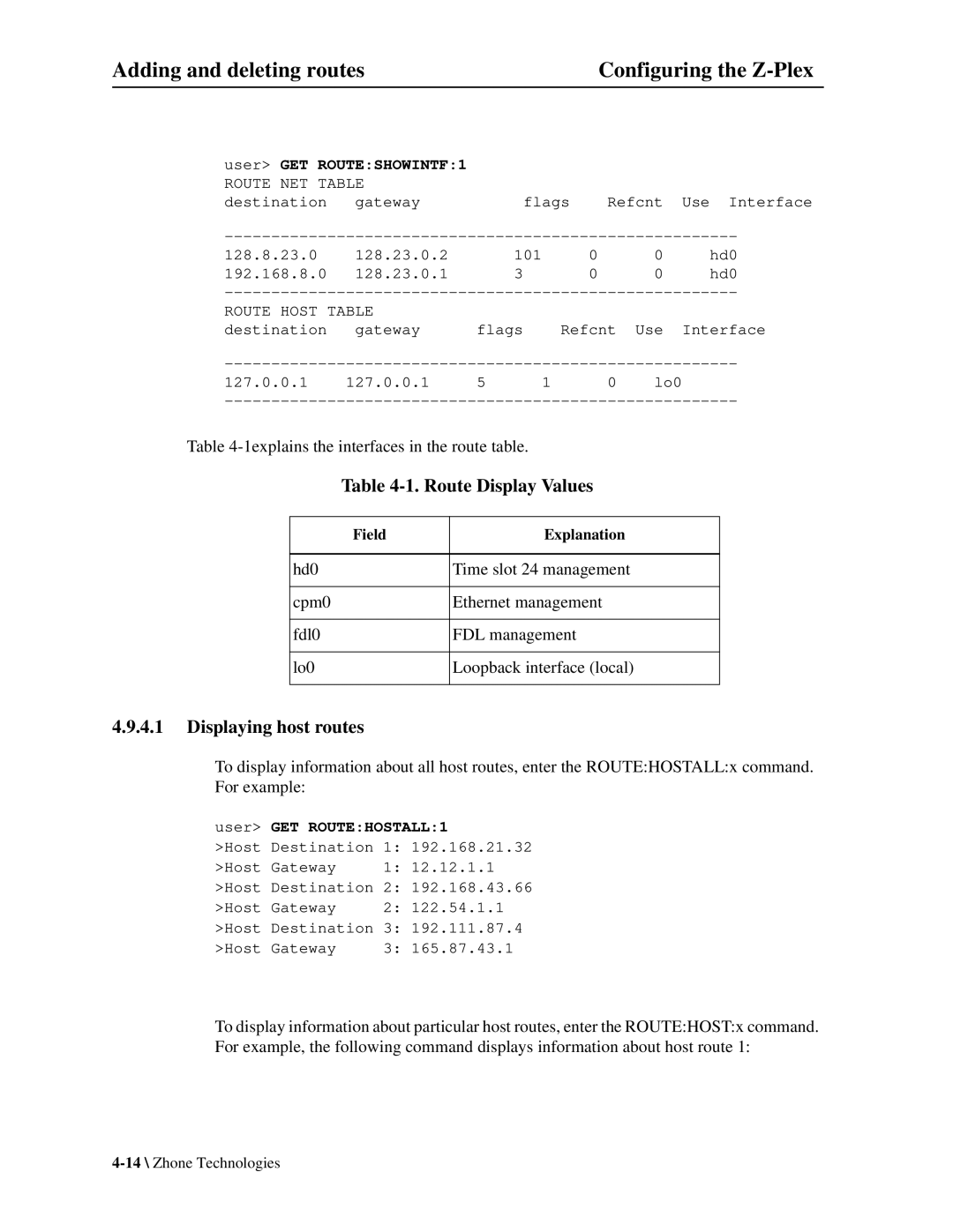 Zhone Technologies Z-PLEX-10-24-DOC-SC manual Route Display Values, Displaying host routes 