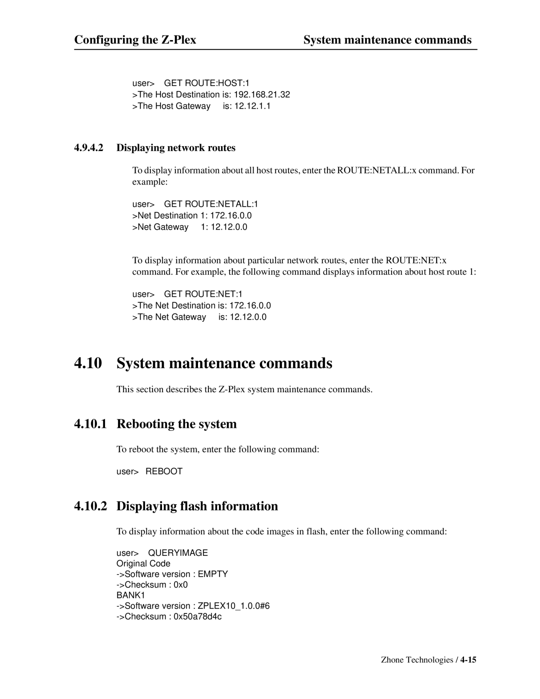 Zhone Technologies Z-PLEX-10-24-DOC-SC System maintenance commands, Rebooting the system, Displaying flash information 