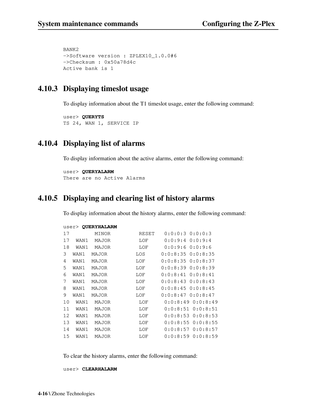 Zhone Technologies Z-PLEX-10-24-DOC-SC manual Displaying timeslot usage, Displaying list of alarms 