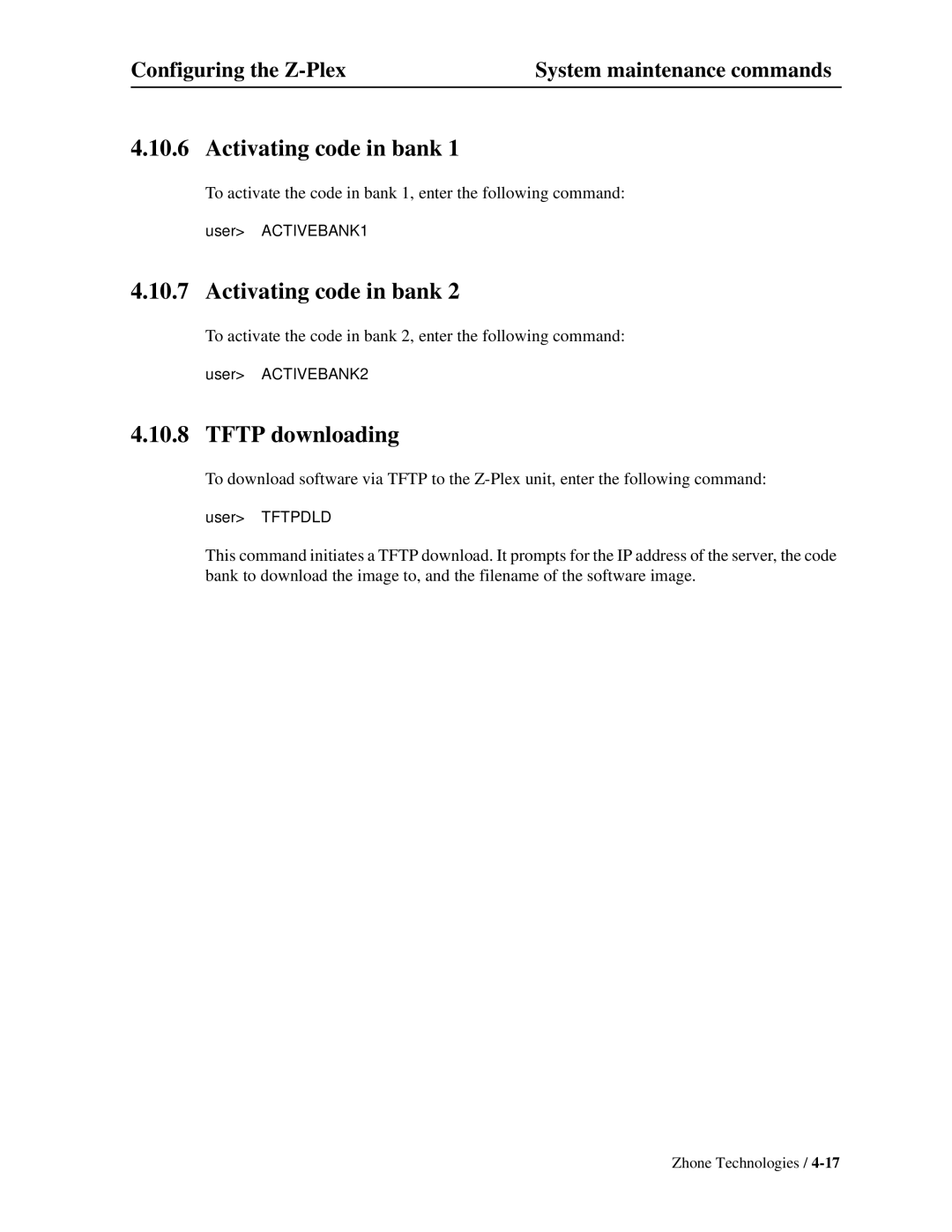 Zhone Technologies Z-PLEX-10-24-DOC-SC manual Activating code in bank, Tftp downloading 