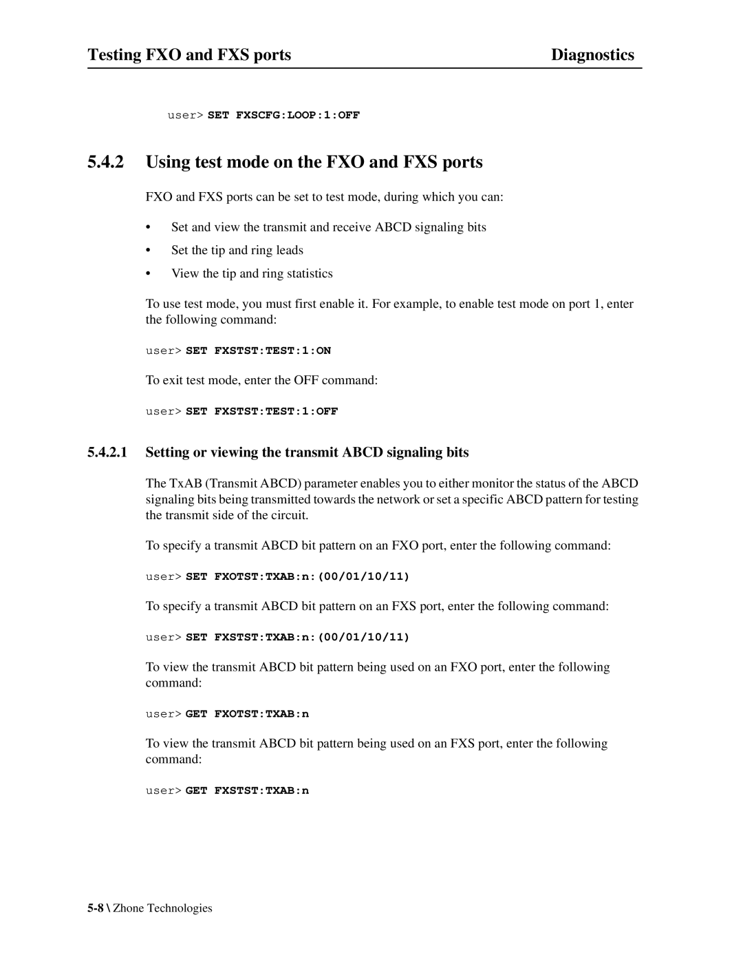 Zhone Technologies Z-PLEX-10-24-DOC-SC manual Using test mode on the FXO and FXS ports 